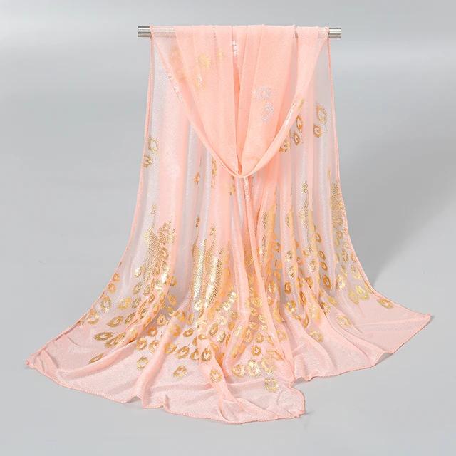 Glitter Thin Muffler Solid Color Elegant Hijab Scarf Chiffon Long Scarves Gold Peacock Print Wrap Shawl Georgette Scarf