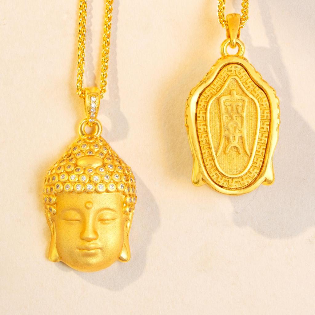 Chinese Sand Gold Buddha Head Pendant: Diamond-Inlaid, Ethnic Style, Gold-Plated Tathagata Design for Unisex.