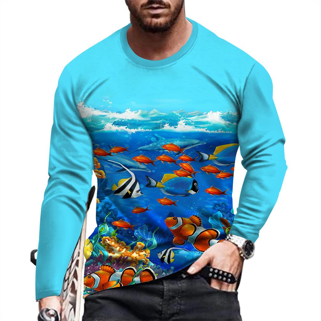 New Ocean Scenery Print Summer Men's Round Neck T-shirt Casual Long Sleeve Oversized T Shirt Fashion Pullover Trend Men Clothing