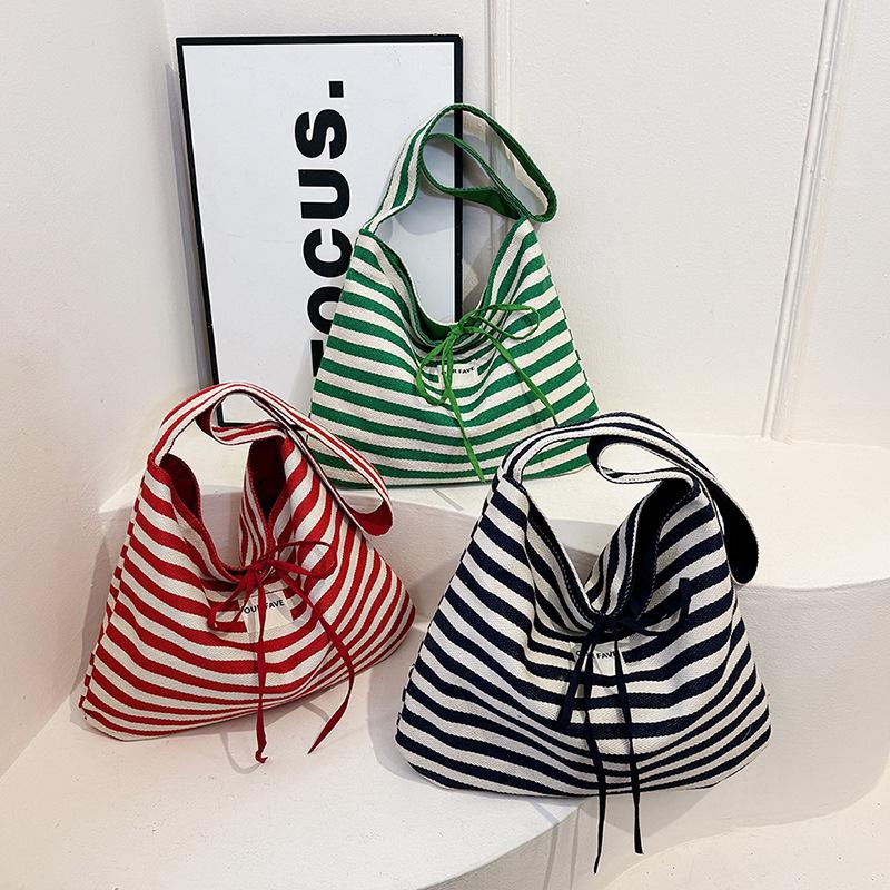 Bow striped canvas bag women lazy large capacity lightweight shoulder messenger bag