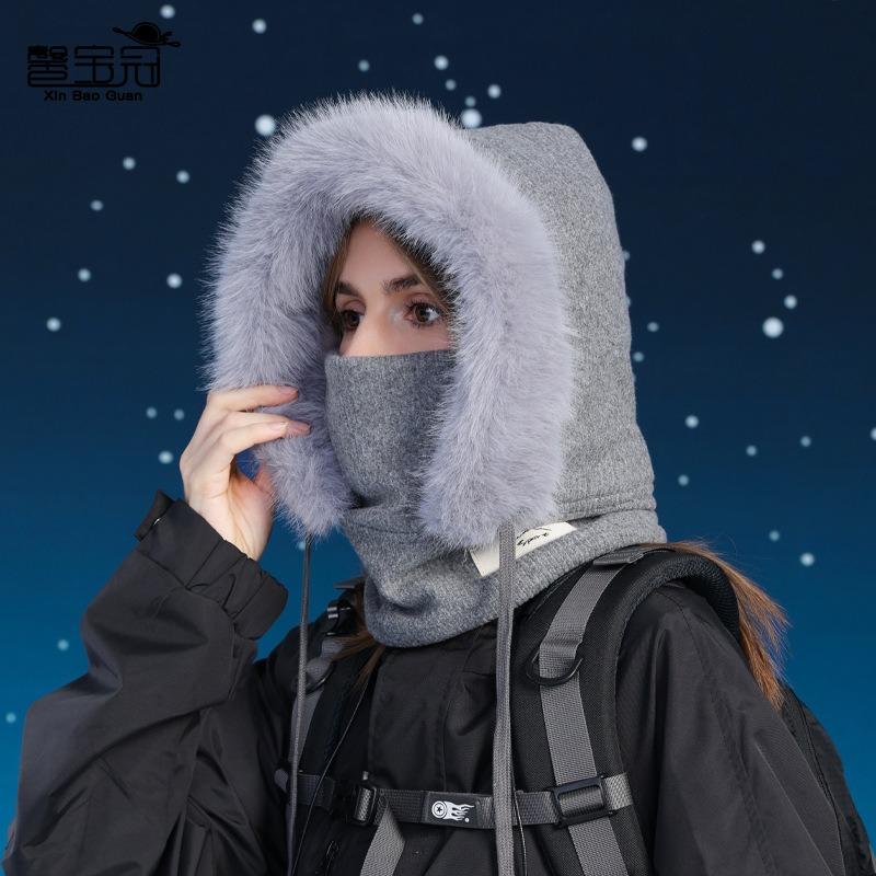 Winter mask, scarf, integrated hat, velvet, thermal ear protection, pullover hat, women's outdoor windproof face cover