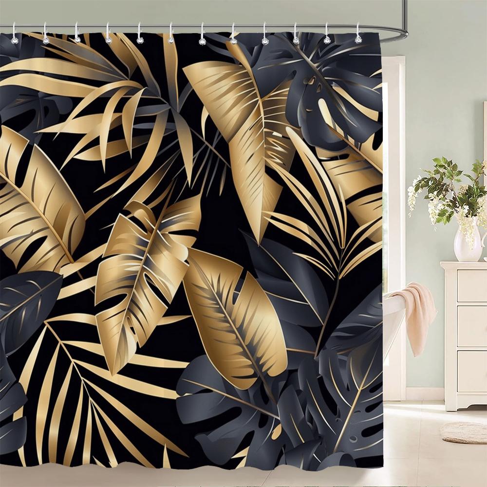 1Pcs Tropical Plants Black and Gold Leaves Printed Fabric Waterproof Shower Curtain, Bathroom Decoration Curtain, with Hooks