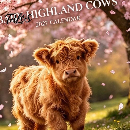 Thick Paper Memo Pad Baby Highland Cow Wall Calendar 2027, Cute Farmhouse Calf Hanging Calendar, Spiral Bound Office Jan-Dec 12 Monthly Planner