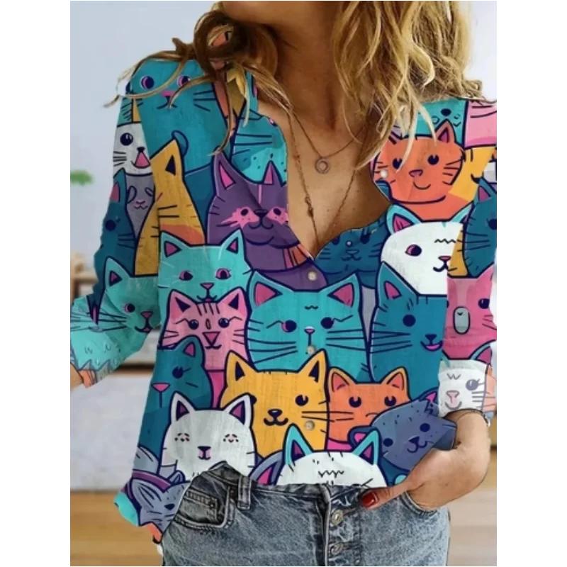 Autumn Women Clothing Cute Animal Prints Shirt Tops Cartoon Cat Pattern Personalized Street Long Sleeve Fashion Women's Blouses