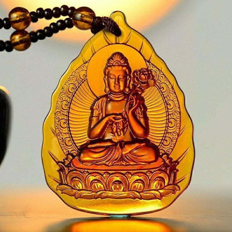 Ice Yellow  Lucky Pendant Long Sweater Necklace Manjushri Amitabha Tibetan Buddhism Religion Amulet Necklaces Unisex Gift