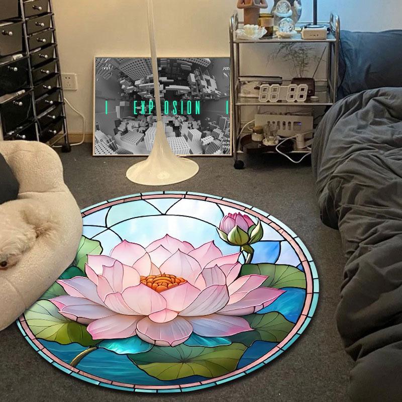 Chic Round Christmas Multicolor Rug Mat, Non-Slip Floor Mat for Office