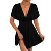 Women’s Fashionable Casual V Neck Dress with Short Sleeve Loose Fit and Waistband Design for Elegant Everyday Wear