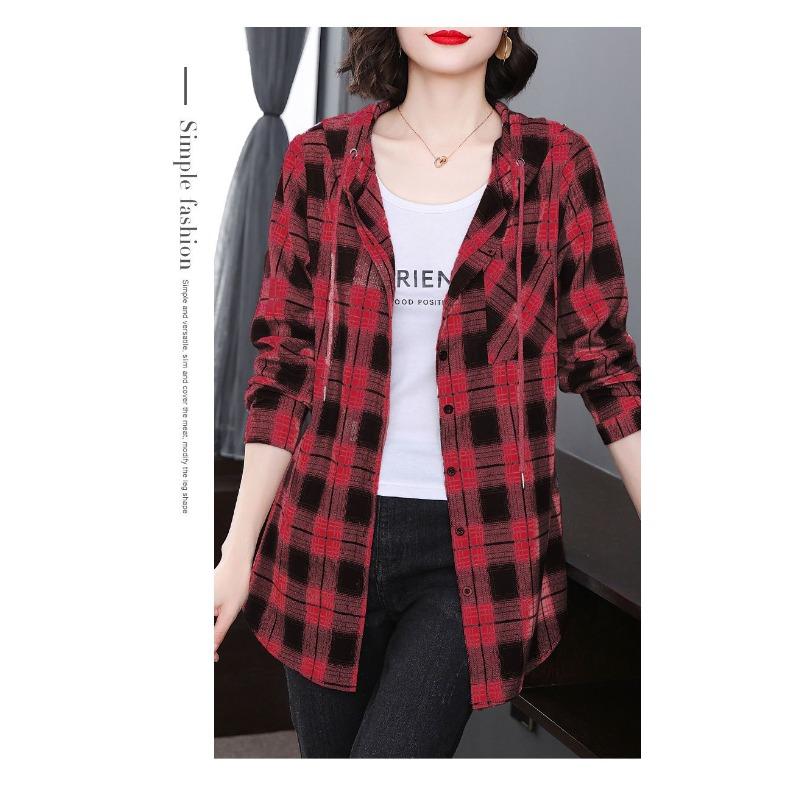Women's Plaid Hooded Shirt Jacket Spring Autumn Casual Loose Button