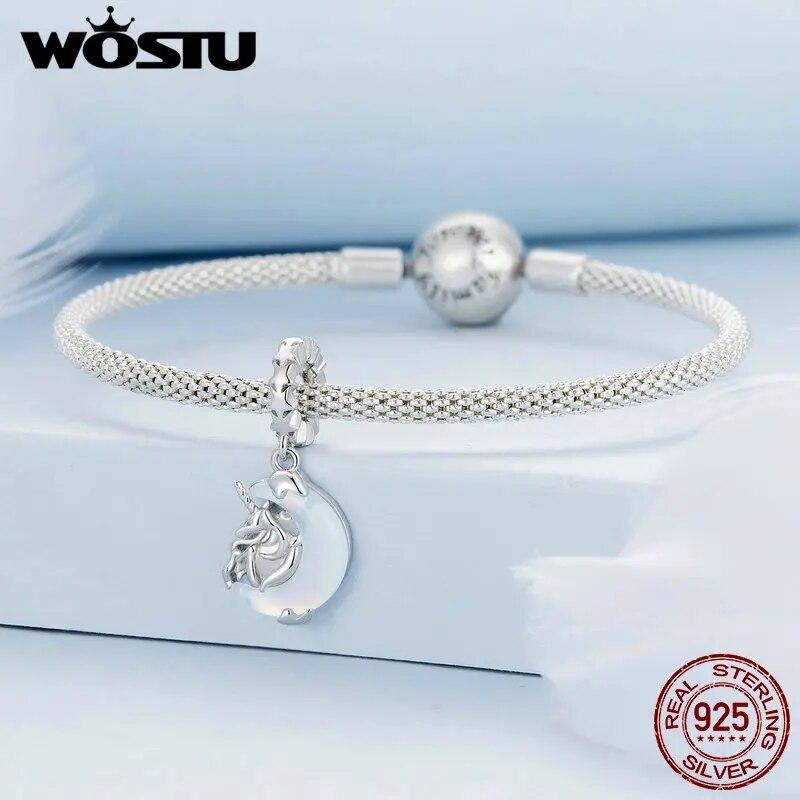 WOSTU Colgantes de unicornio transparente de Plata de Ley 925 con diseño de luna y estrella, aptos para Pulsera Original, regalo de joyería DIY