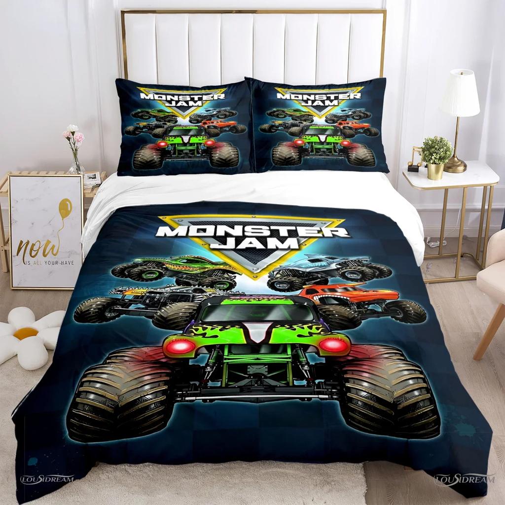 Copripiumino Monster Truck Catroon Monster Jam Set Biancheria da Letto Copripiumino Morbido e Federe per Adolescenti Singolo/Matrimoniale/Queen/King