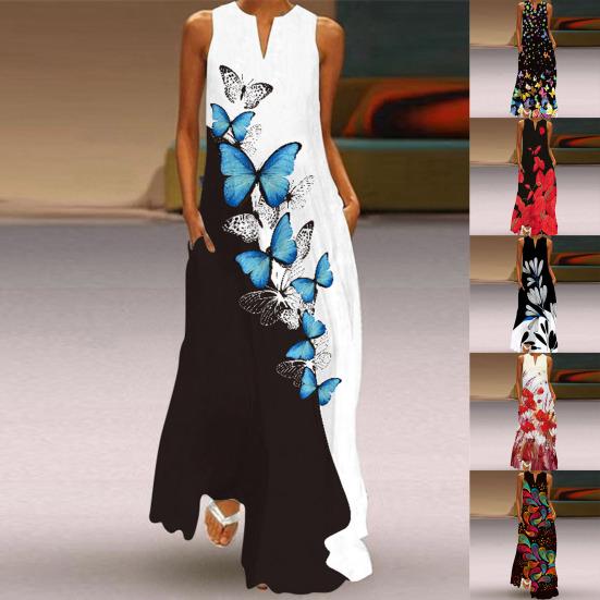 Stylish Women Dress Sleeveless Butterfly Print V Neck Large Hem Maxi Dress for Summer