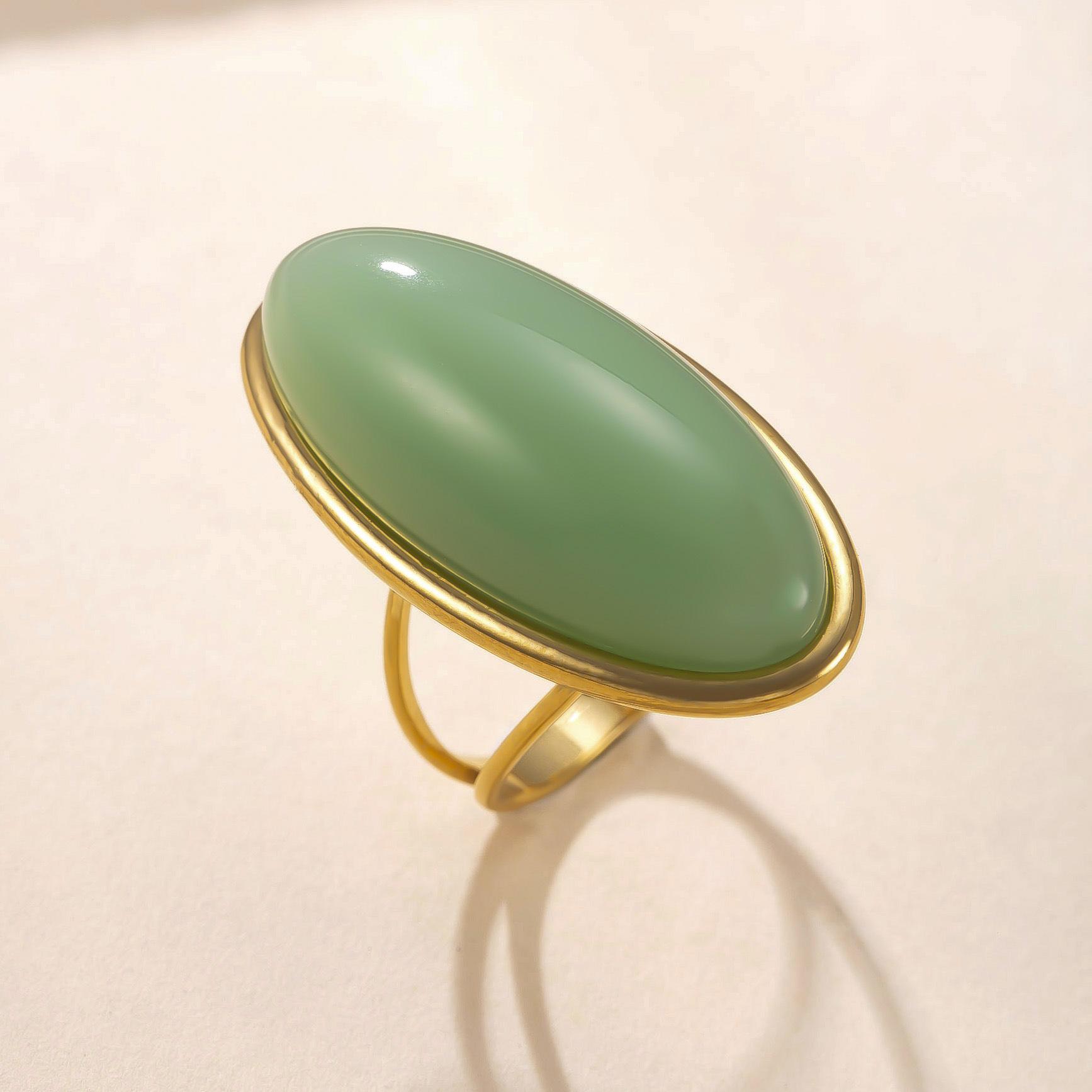 

Retro Charm Gold Color Stainless Steel Geometric Oval Dopamine Colorful Natural Stone Rings for Women Finger Jewelry Accessories 7 зелений