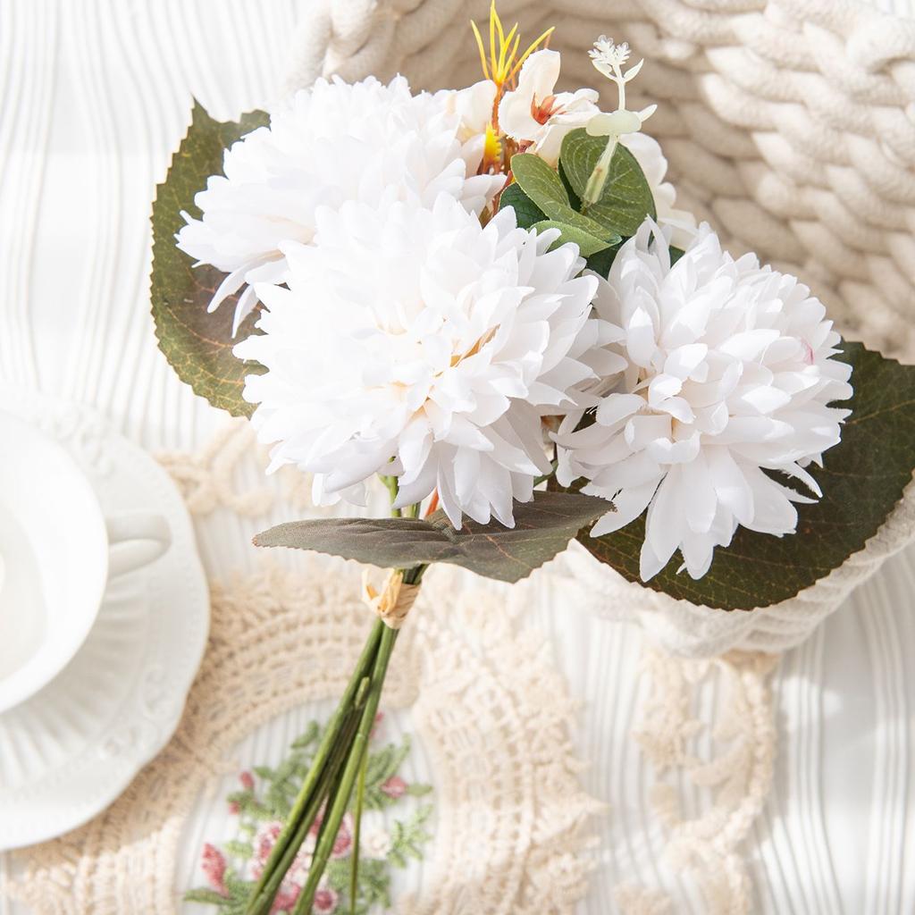 Artificial Flowers 6 Branches Bulbous Chrysanthemum Hydrangea Eucalyptus Leaves Silks Valentine Wedding Bouquet Home Decora Yard