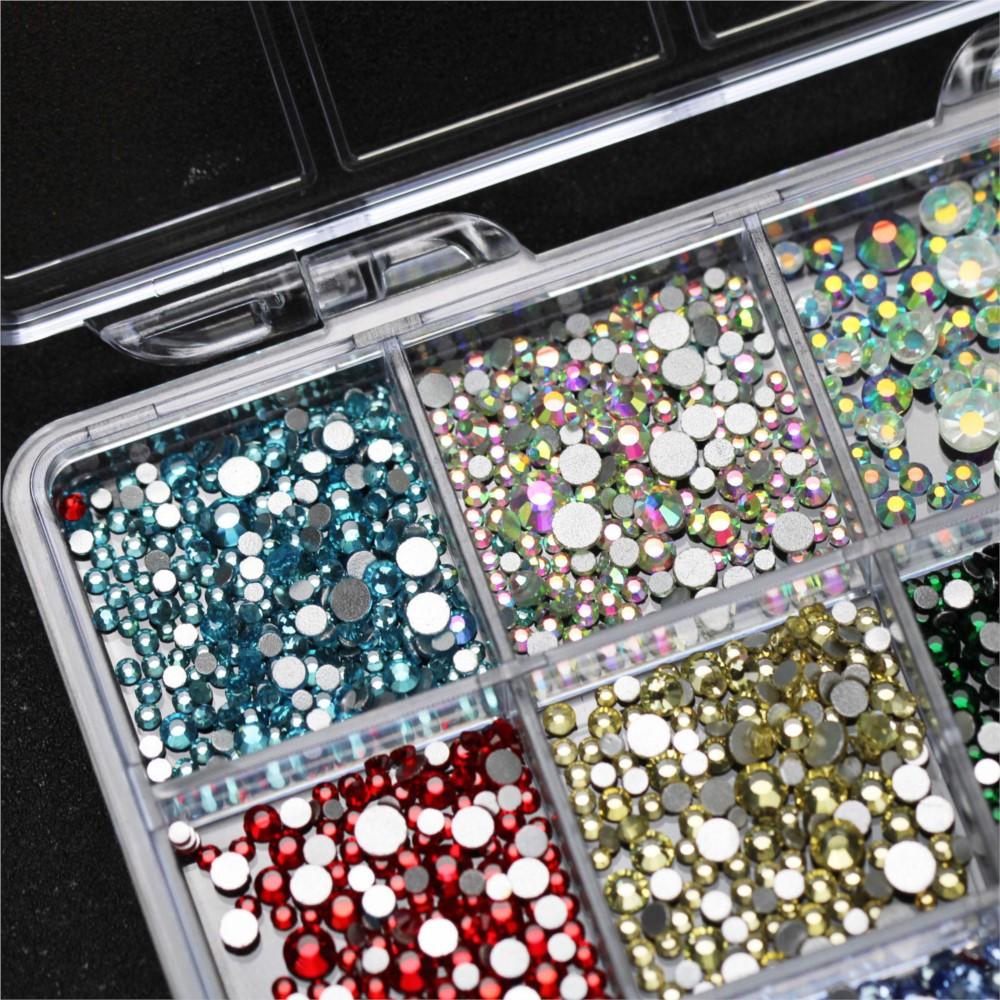 12Grids 3D Sparkling Colorful Rhinestones Nail Gems SS6-SS20 Mix FlatBack Round Nail Diamonds Bling Nail Jewelry Accessories D8#