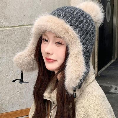 Fleece Verdickte Gestrickte Thermomütze Damen Skimütze Outdoor Pelzige Lei Feng Mütze