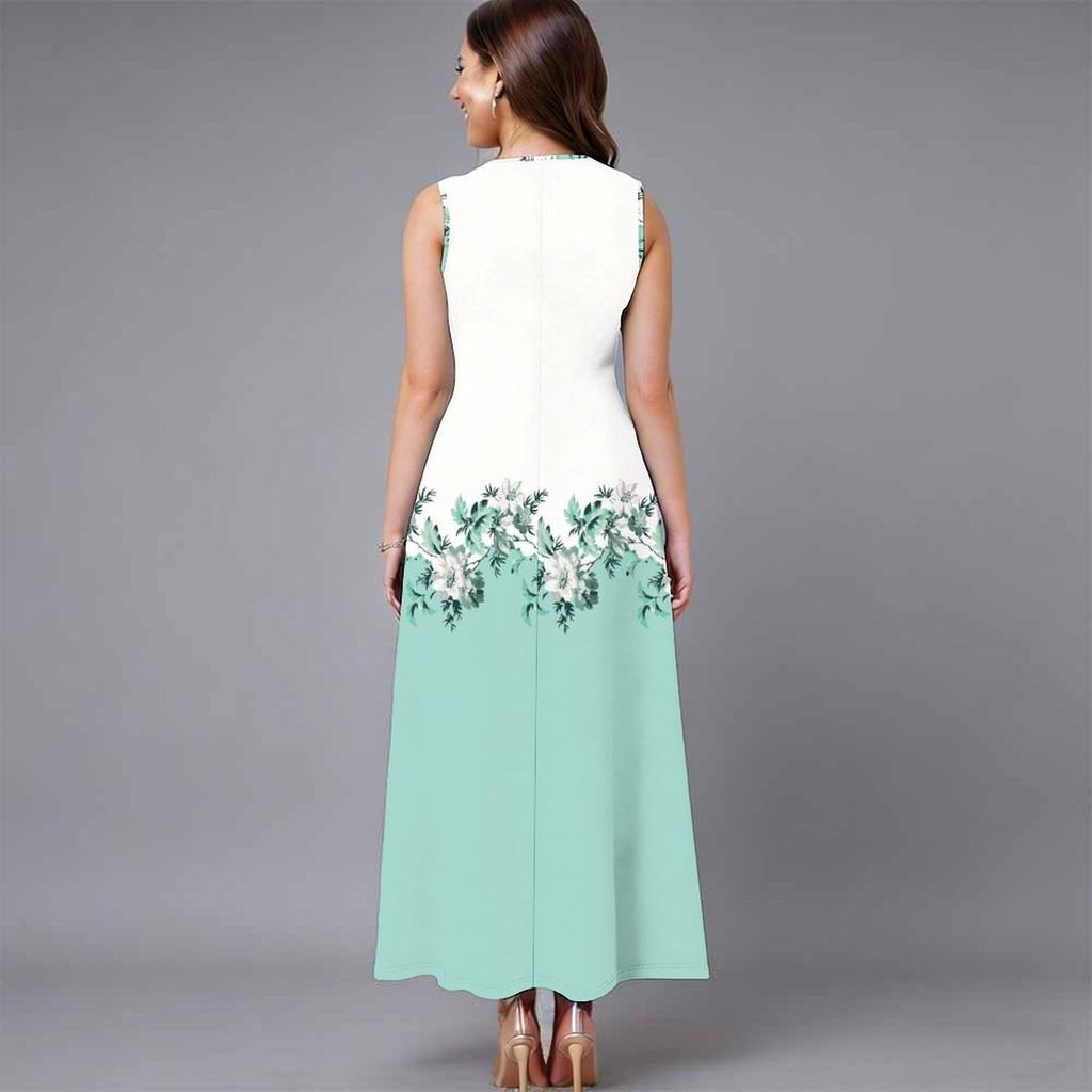 Women Plus Size Sleeveless Round Neck Dress Retro Floral Pattern Loose Flowy Midi Gown