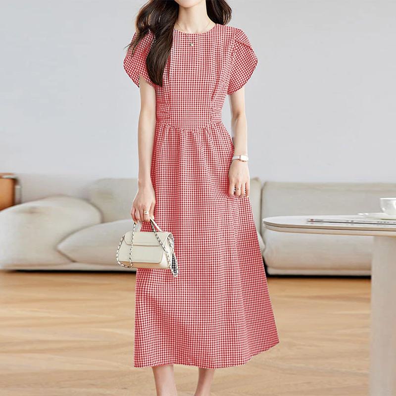

ZANZEA Women Casual Round Neck Short Sleeve Loose Grid Print Dress 5XL червоний