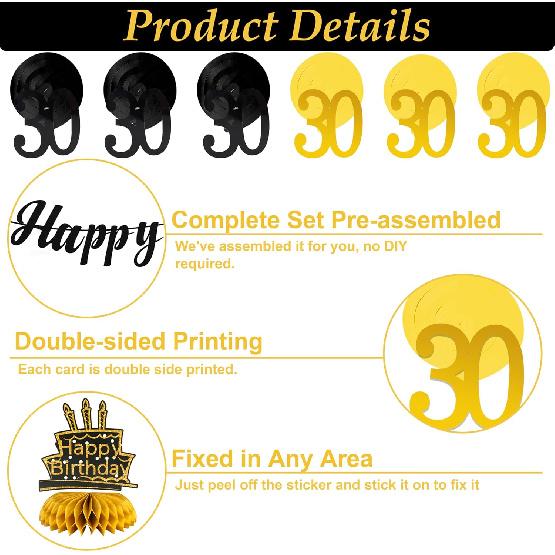 30th Birthday Decorations for Him Pre Assembled Black Gold Happy 30th Birthday Banner, Hanging Swirls and Table Honeycombs Centerpieces for Men 30th
