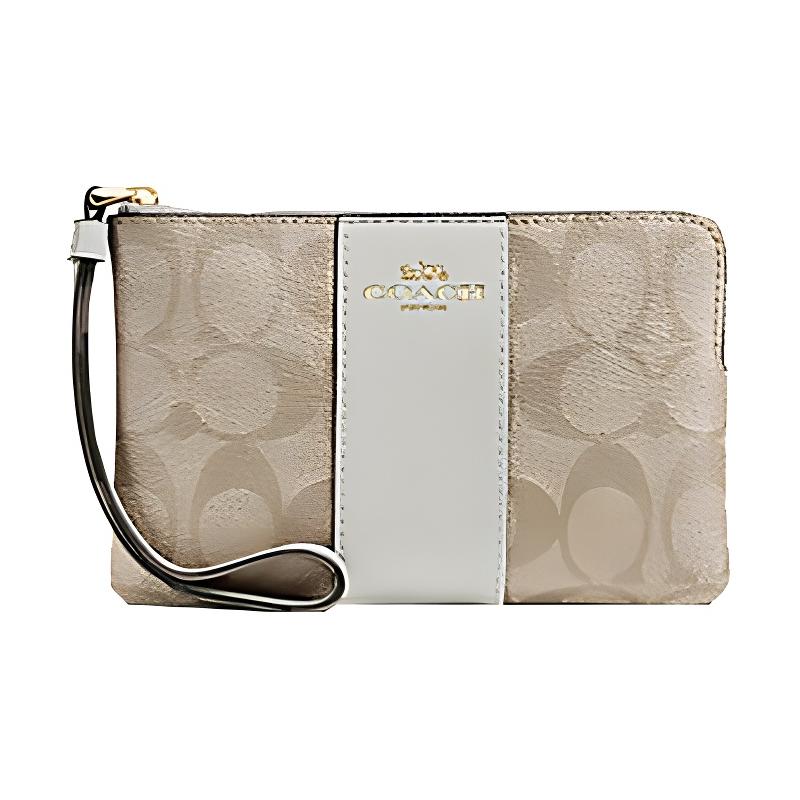 

COACH Corner Zip 16 Presbyopia Canvas and Cross Pattern Leather Coin Wrist Bag Small Women s Khaki and Chalk White Gold золотий