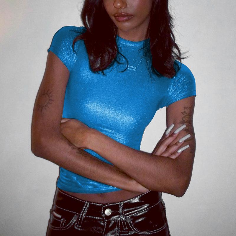 

Европейская и американская женская летняя мода с круглым вырезом и короткими рукавами, облегающий однотонный индивидуальный топ L синий