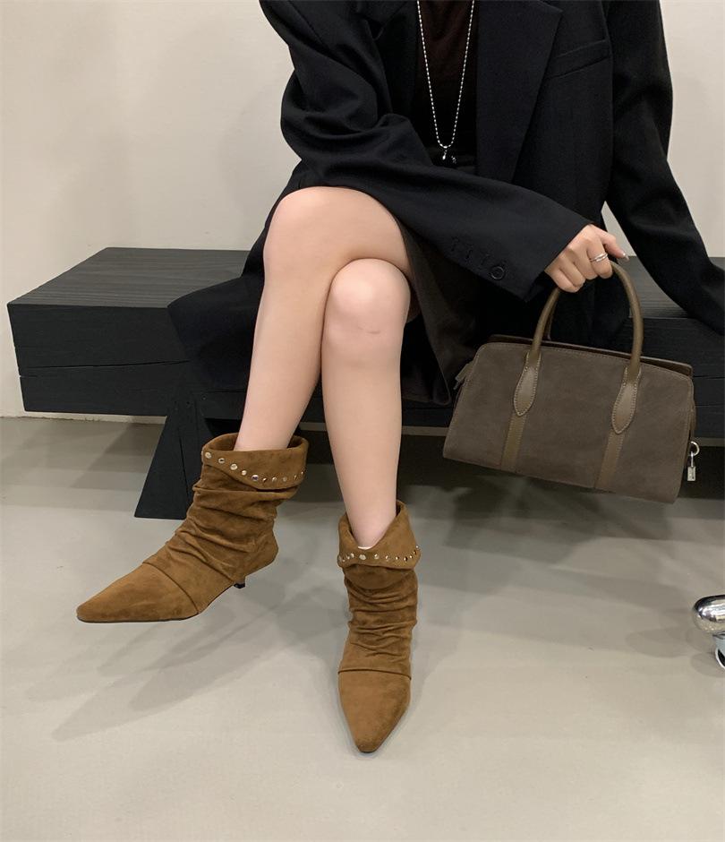 European and American fashion rivet pleated piled boots women's 2025 new suede small square head thin heel thin temperament short boots