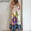 BITCED Spring/Summer Casual Maxi Dress for Women Spaghetti Strap Printed Linen 9 Colors Full-Skirted Dress
