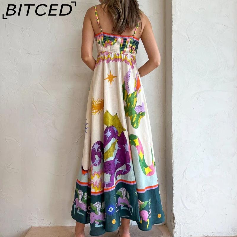 BITCED Spring/Summer Casual Maxi Dress for Women Spaghetti Strap Printed Linen 9 Colors Full-Skirted Dress