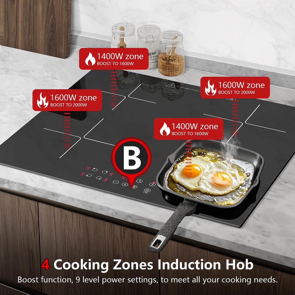 60cm Built-in 4 Zone Induction Cooktop with Booster, Touch Control, 6000W, 9 Power Levels, Timer, Child Lock, 220-240V