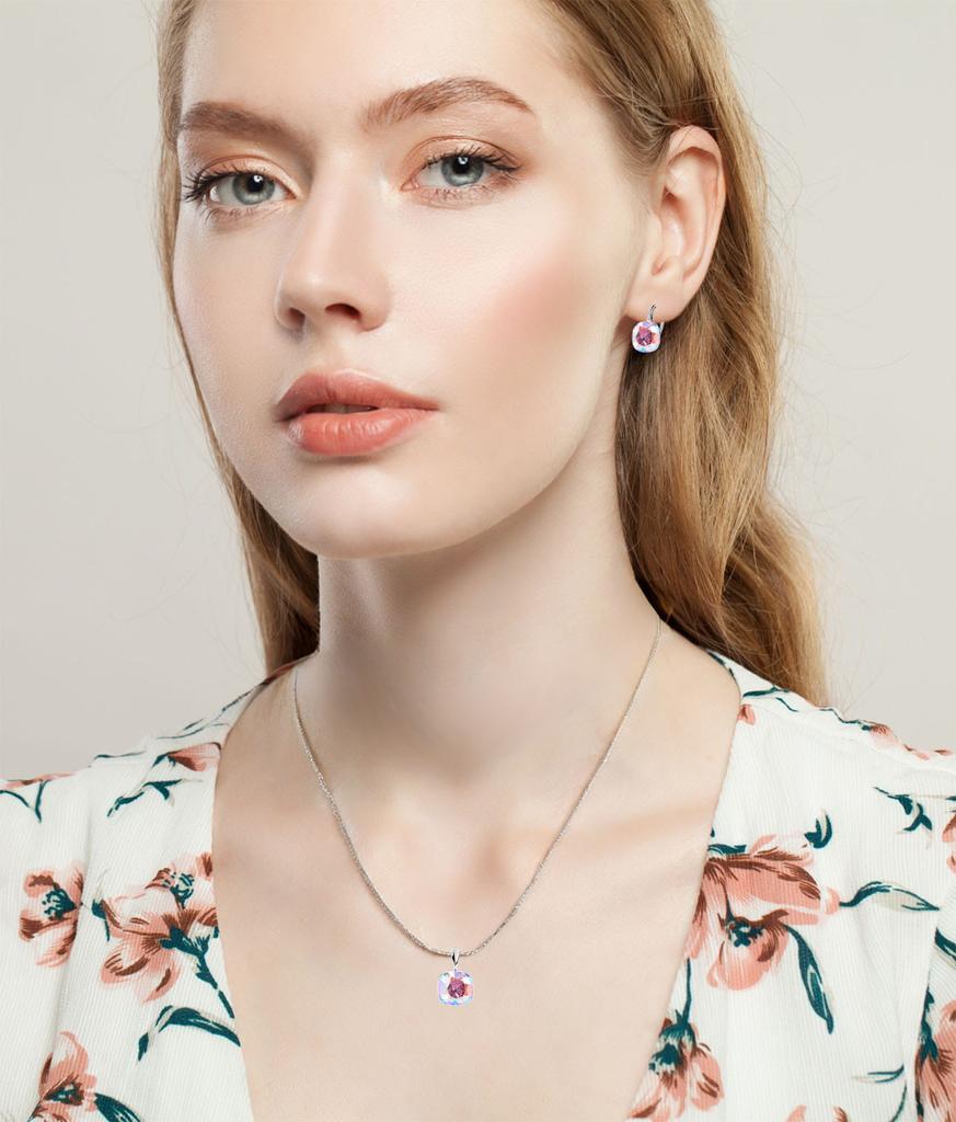 Srebrny komplet square kolczyki naszyjnik prezent na walentynki urodziny - srebro 925 - light rose shimmer