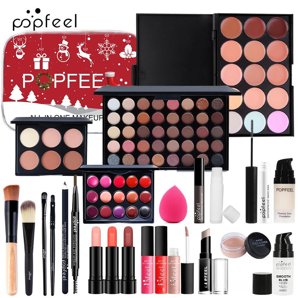 Popfeel All-in-One Make-up-Set Professionelles Full-Face Kosmetikset mit Feiertags-Blechdose Lidschatten Lippenstift Foundation Feiertagsgeschenk für Frauen