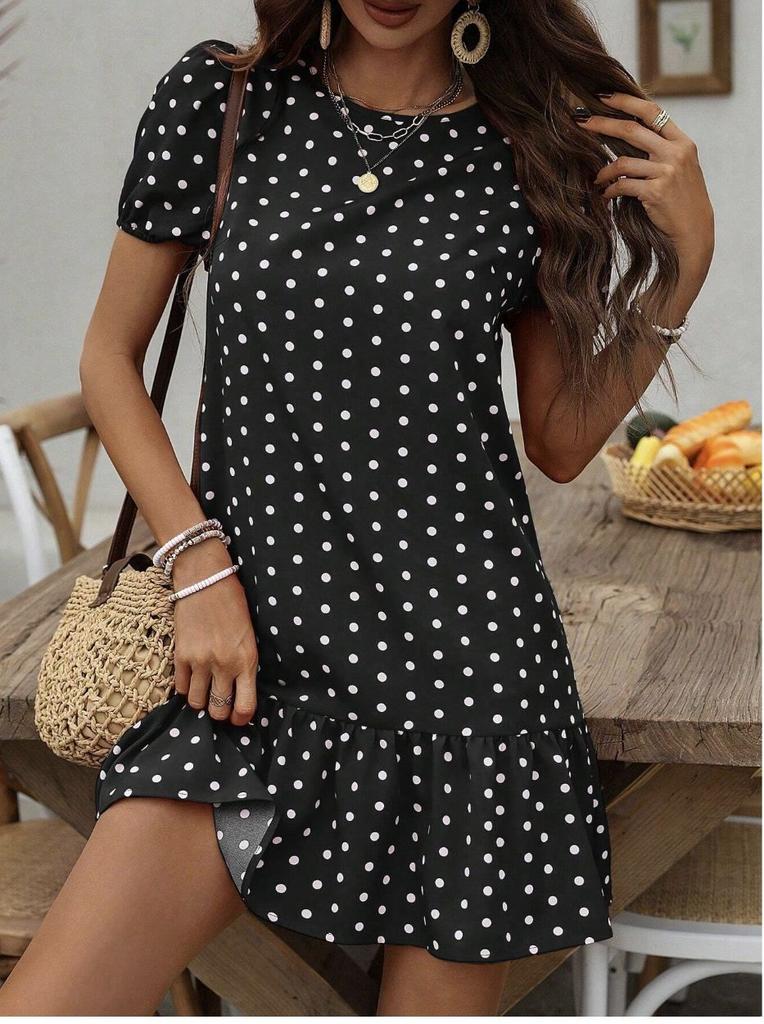 New European and American polka dot loose short skirt, round neck lotus leaf hem French casual vacation temperament dress