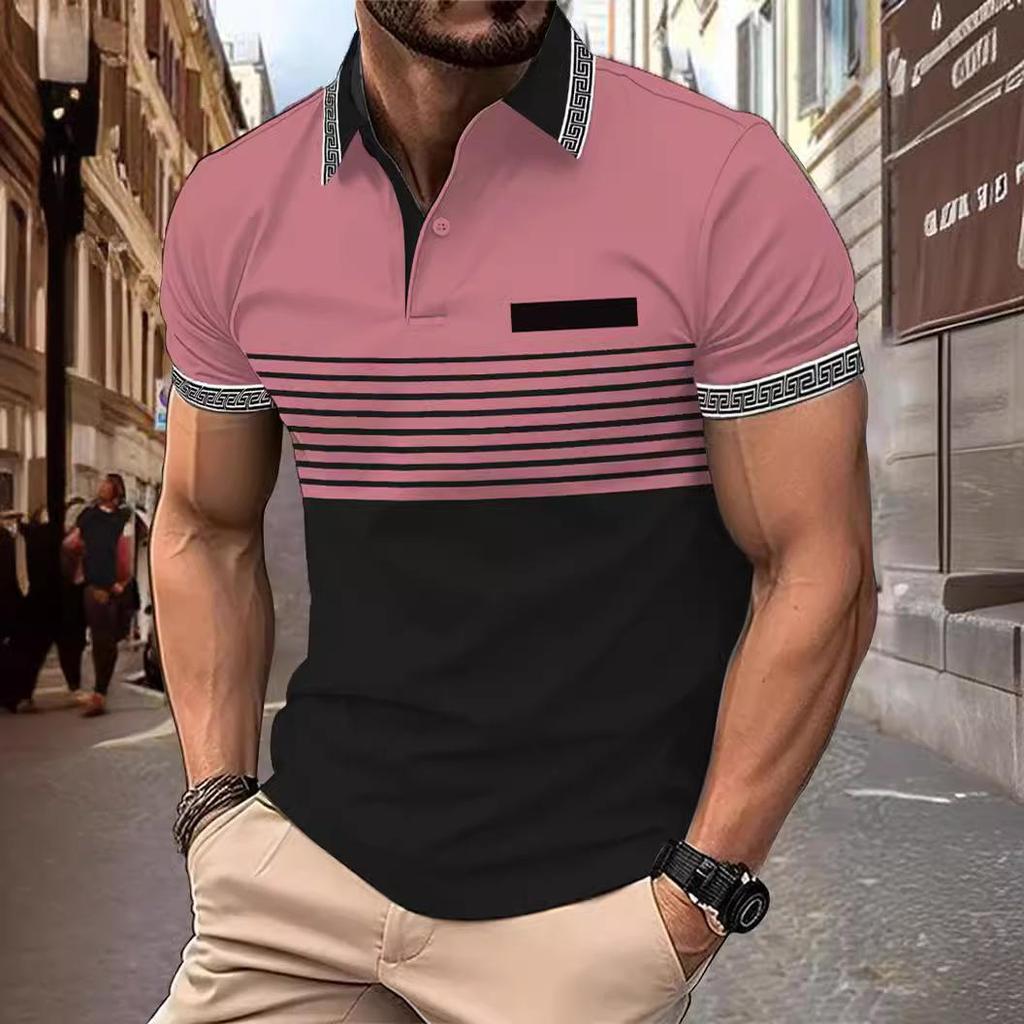 Sommer Gewinde Kragen Bedruckt Herren Kurzarm Revers Knopfleiste Polohemd Oberteile