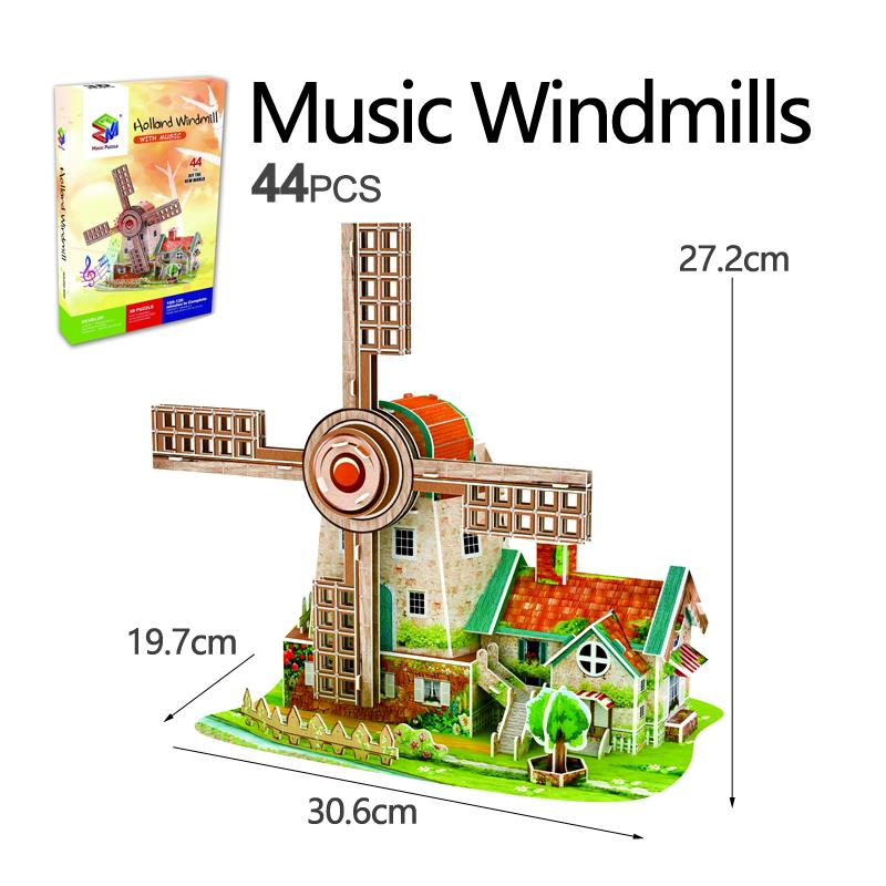3D Dreidimensionales Papierpuzzle Windmühle Spieluhr Wasserrad Spieluhr Pädagogisches Kreatives DIY Zusammengebautes Spielzeug