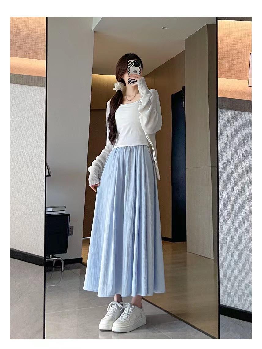 

Летняя юбка Yamamoto A-Line с высокой талией и складками 2025 года — легкая, дышащая, утягивающая M (100-125) светло-синий