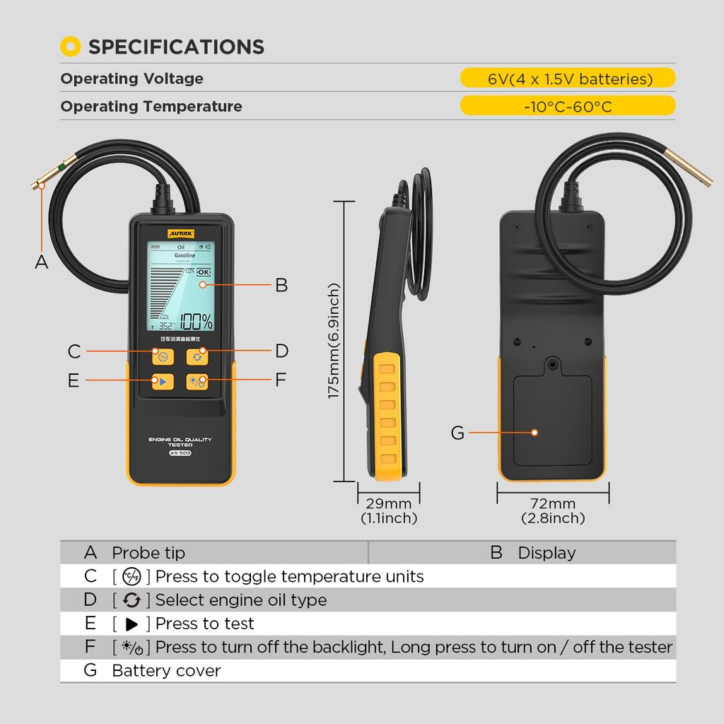AUTOOL AS503 Handheld Car Engine Oil Tester Digital Display Water Content Indicator For Check Auto Oil Quality Detector