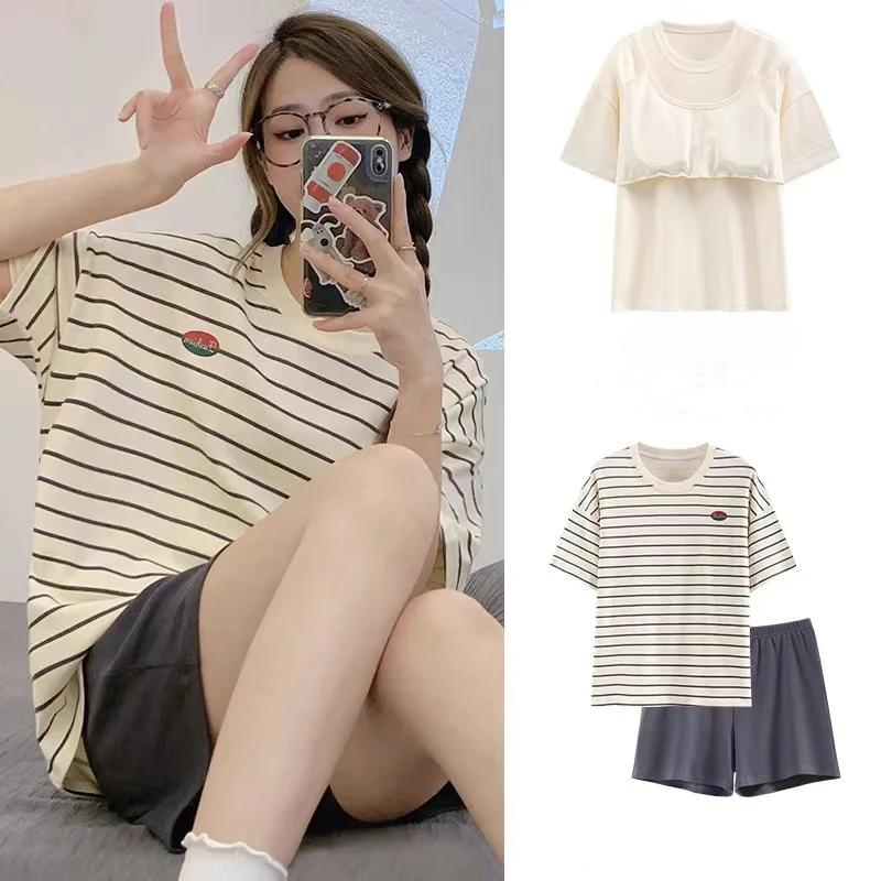 Women Summer Two Pieces Set Pajamas O-neck Short Sleeve Shorts Pant Homewear Thin Loose Cartoon Printing with Chest