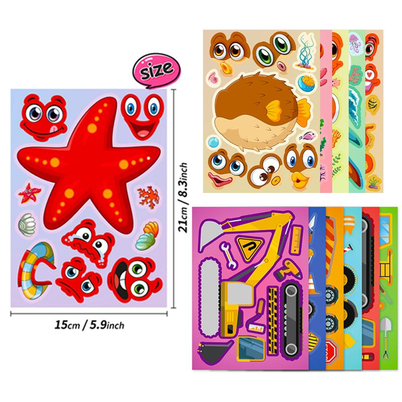 6Sheet/Lot Cartoon Face Change Sticker Marine Animal Vehicle Styles Colorful Shape Cognition Festival Party Carnival Gift QC-ZYF