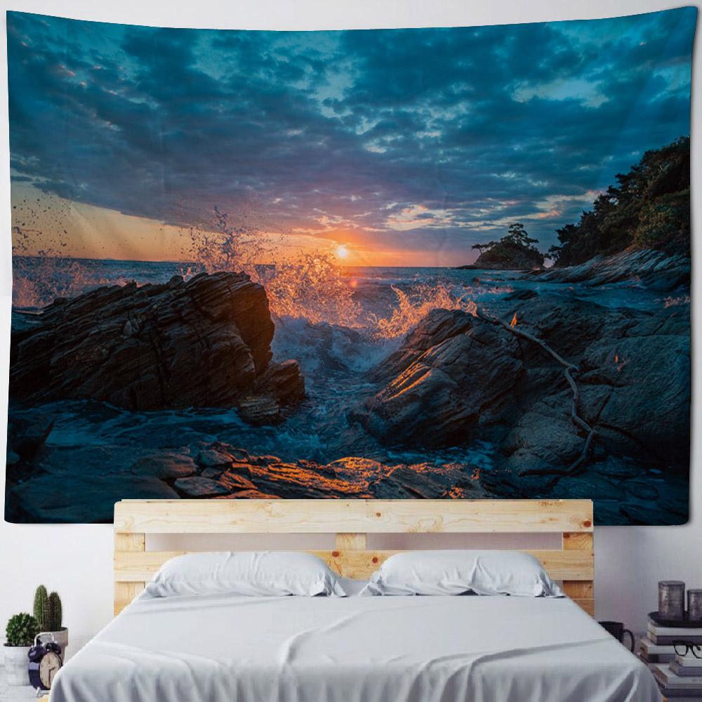 Sea view tapestry, sunrise and sunset coconut tree printed wall hanging cloth, home wall background, sofa covered blanket