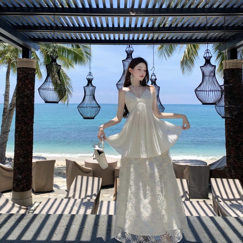 French Collar Chiffon Suspender Skirt Set Women's Summer Beautiful Beach Vacation Mesh Embroidered Word Dress