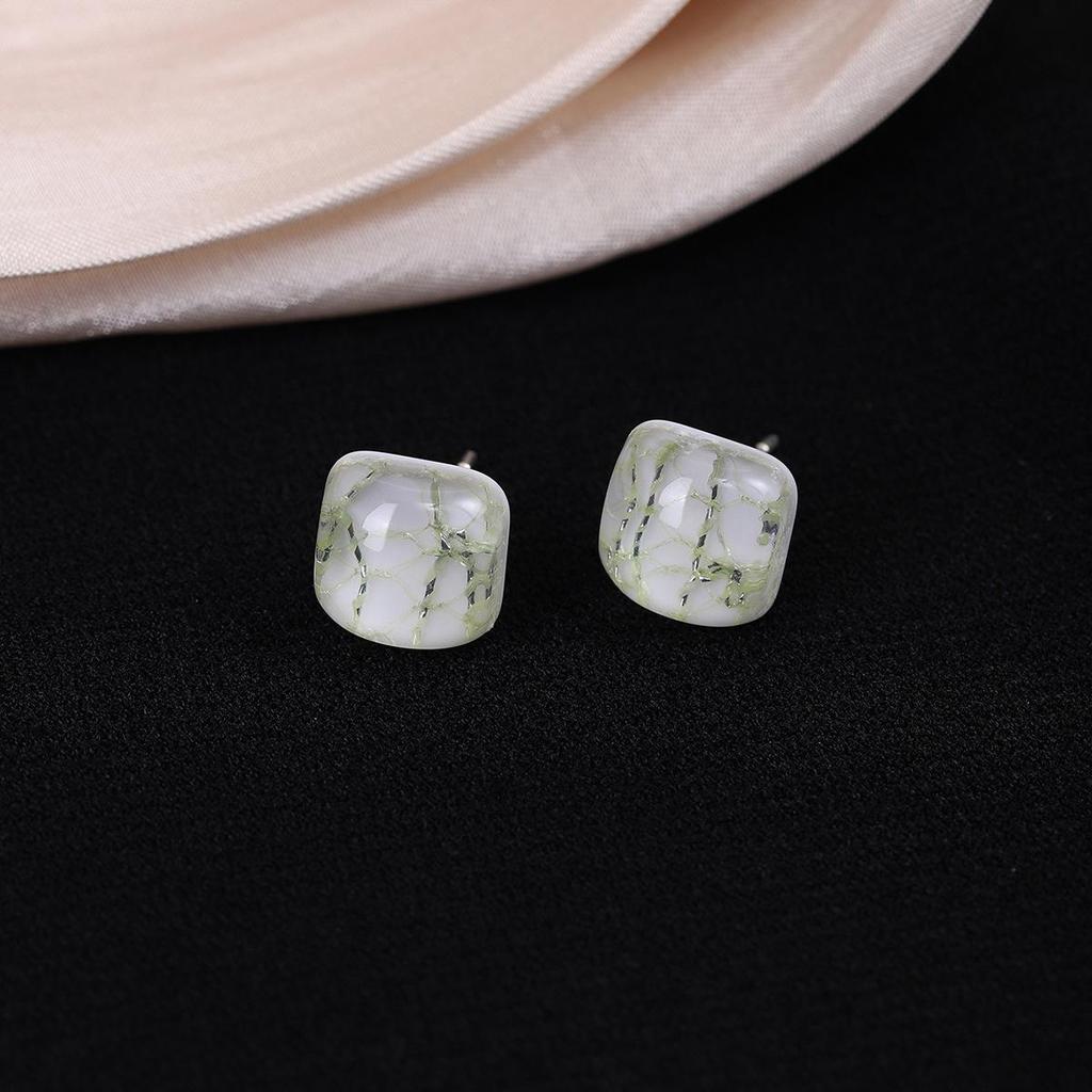 Colorful Square Print Ear Studs - Silver Needle Cute Earrings for Women, Autumn Winter High-End Sweet Luxury