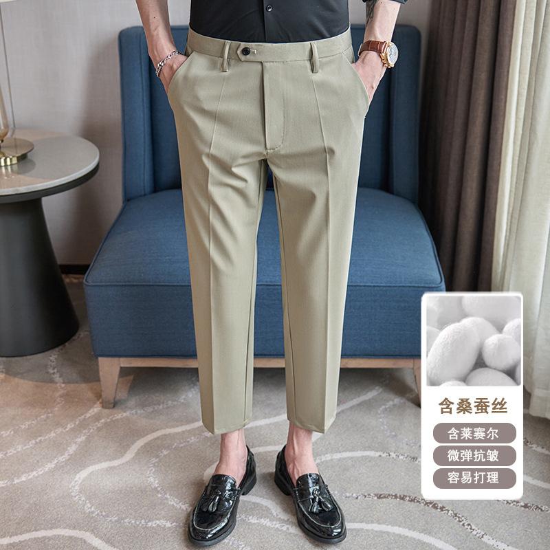High-quality men's casual nine-point pants, small straight slim-fitting pants, trousers containing mulberry silk Lai versatile pants