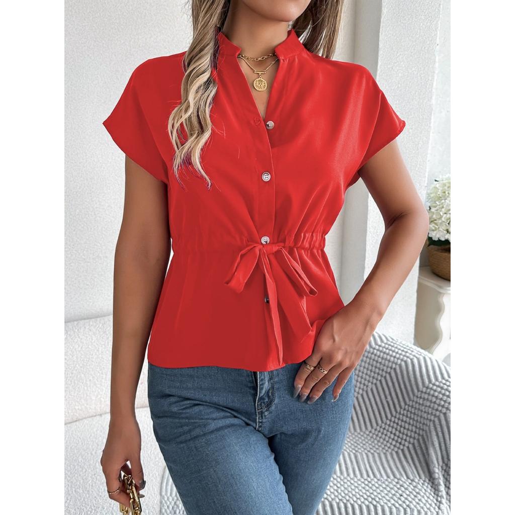 Summer Women's Chiffon Short Sleeve V-neck Button Down Shirt Elegant Casual Blouse With Waist Belt