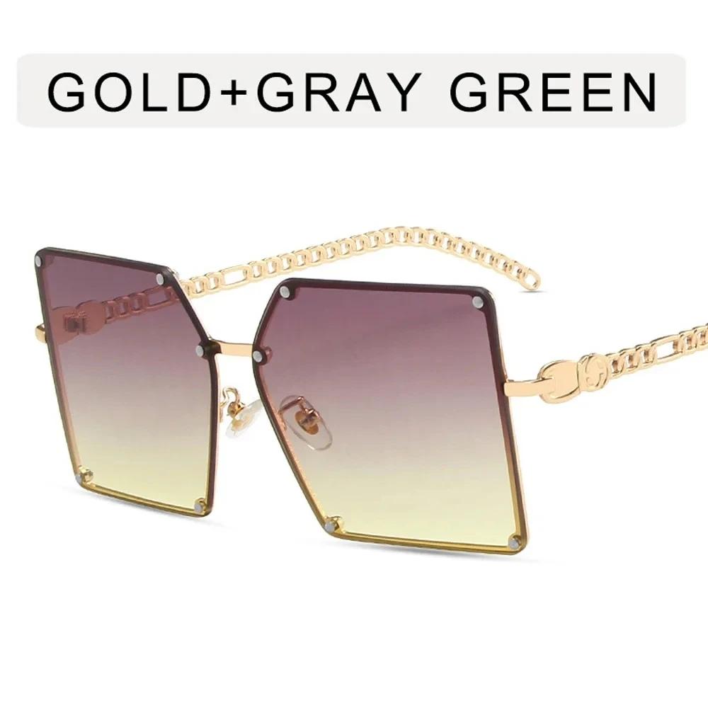 New Fashion Oversize Gradient Sunglasses Women Vintage Alloy Chain Frame Rivet Square Sun Glasses Female Elegant Shades