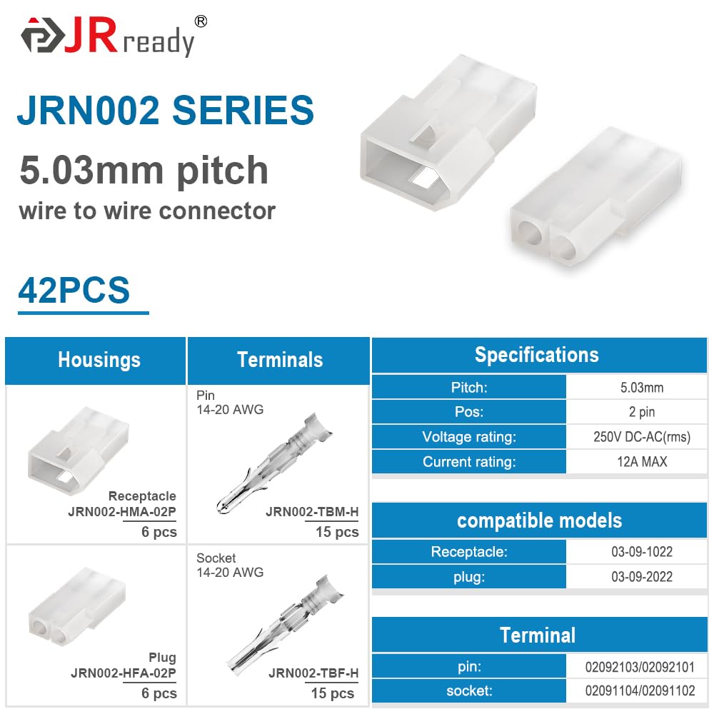 JRready ST6415 Standard.093 Pin And Socket Connectors 2 Circuits (6 Matched Sets), 14-20 AWG, Compatible With Molex Standard.093 2 Pin Male& Female