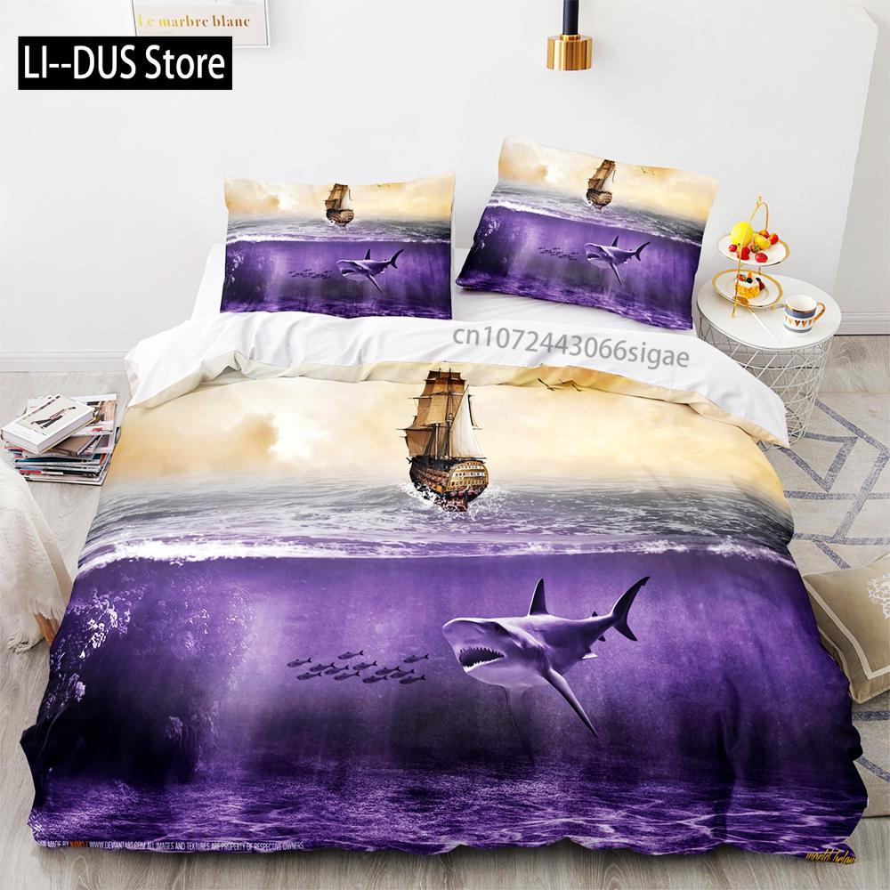 Shark Bedding Set Single Twin Full Queen King Size Ocean Overlord Bed Set Aldult Kid Bedroom Duvetcover Sets 3D Anime 035