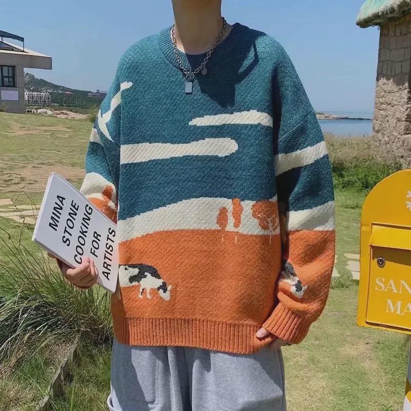 

Men s Japanese-Style Knitted Cow Sweater - Trendy Round Neck Pullover XL