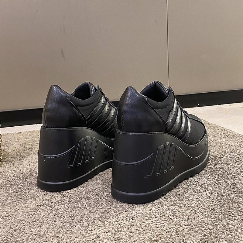 Fashion 2025 White Shoes Women Lace Up pu Leather Wedges High Heel Pumps Shoes Female Breathable Chunky Platform Fashion Sneakers Size42