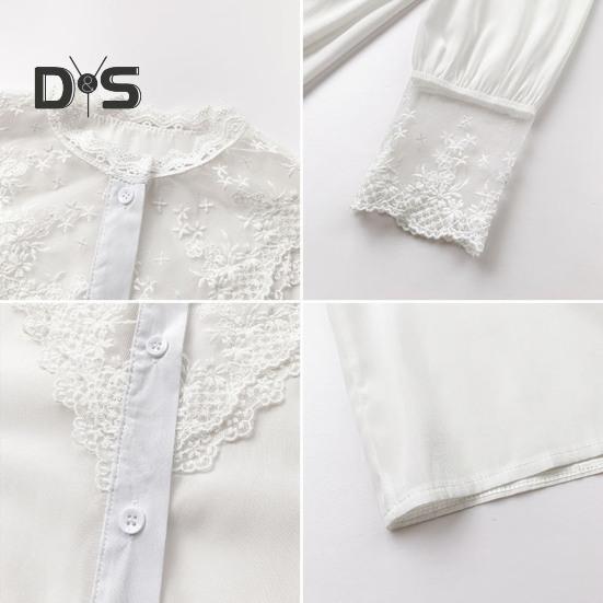 Women Shirt Lace Patchwork Stand Collar Flower Embroidery Single Breasted Long Sleeve Solid Color OL Commute Style Soft Lady Spring Fall Top Blouse