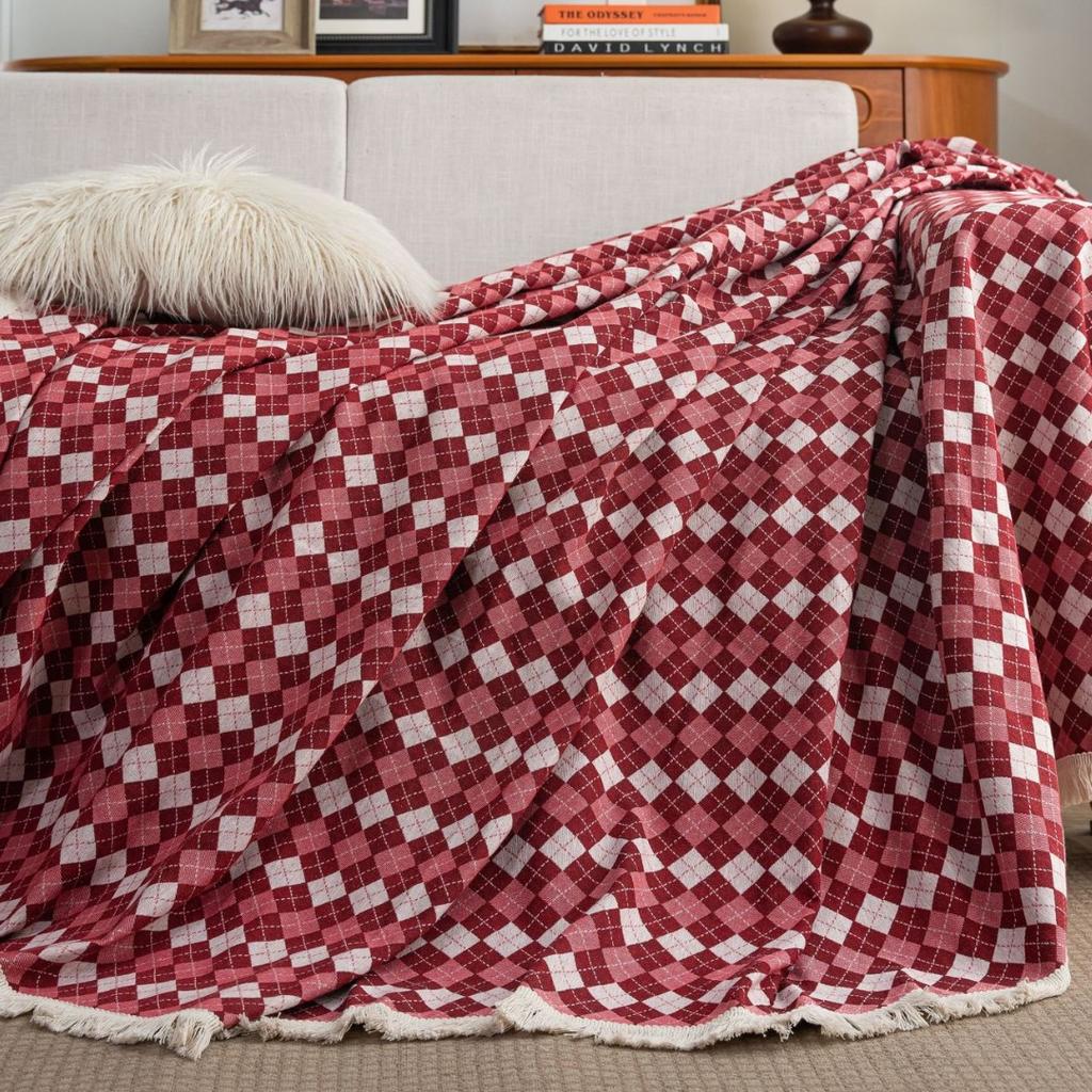 Sofa Towel Anti-cat Scratch Jacquard Red Plaid Festive Holiday Thick Sofa Blanket Sofa Cover