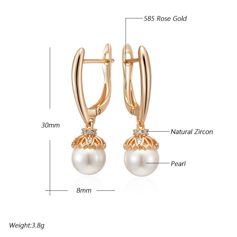 Rose Gold Color Pearl Long Drop Earrings For Women Unique Natural Zircon Accessories Metal Flower Wedding Jewelry